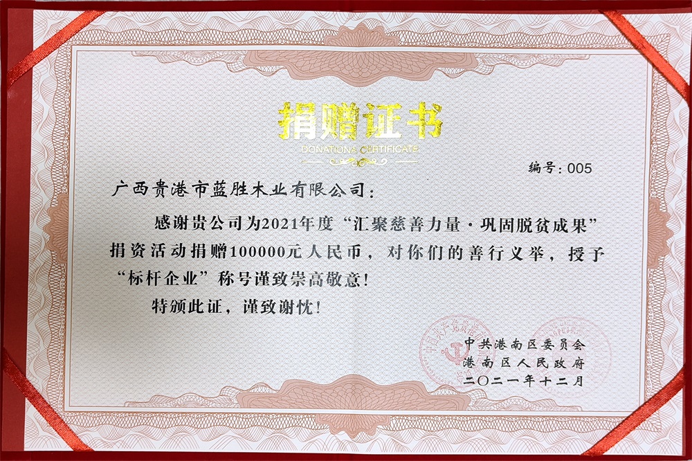 2021藍(lán)勝捐贈證書